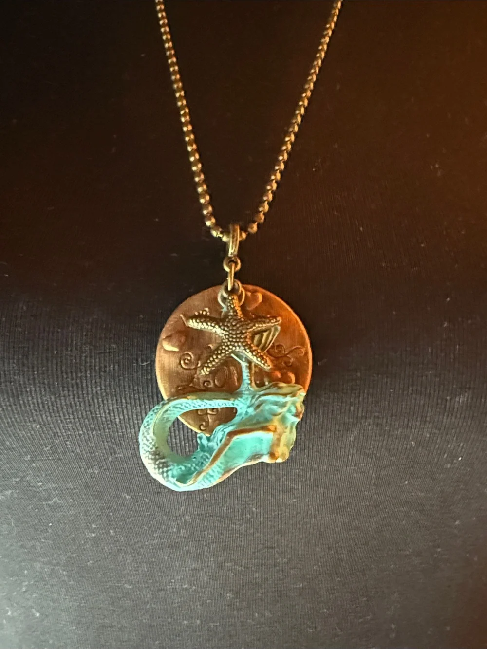 Bronze Mermaid Pendant 26” Necklace with Turquoise Patina